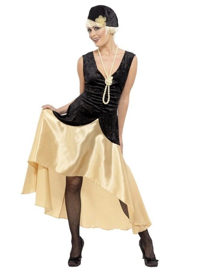 Smiffys زي فتاة غاتسبي 20S للنساء مع قبعة وفستان وقلادة لؤلؤ باللونين الأسود والذهبي - كبير