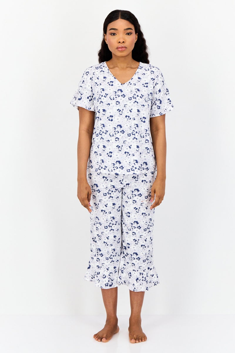 Jones New York طقم بيجاما نسائي من قطعتين بأكمام قصيرة وطباعة زهور، متعدد الألوان - Image 1