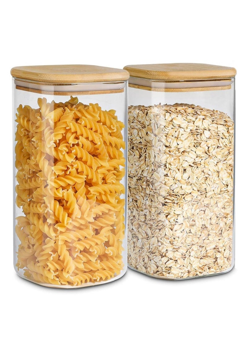 ZIMNEST - (1500ML/51OZ)2-Piece Set of Square Glass Storage Jars with Wooden Lids,  Airtight Food Containers, Preservation Jars & Storage Boxes for Pasta, Flour, Grains, Spices, Tea, Coffee Beans, & Other Kitchen Staples - Perfect for Long-Term Food Preservation & Organization - Image 1
