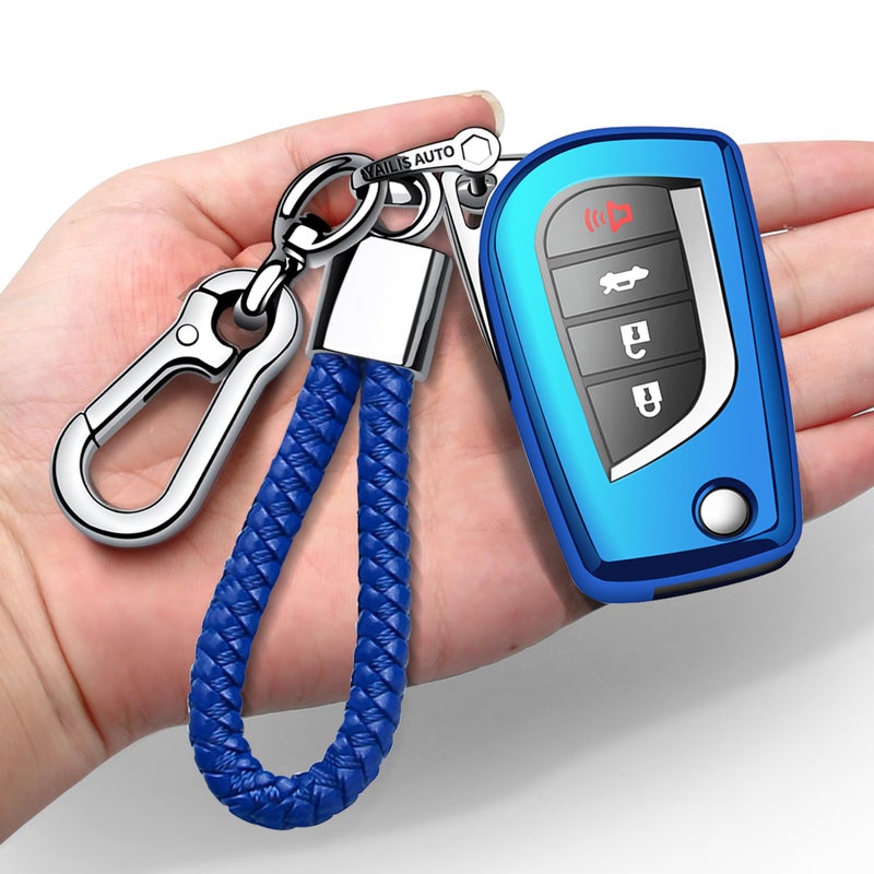 Autophone Compatible with Toyota Key Fob Cover with Keychain Soft TPU 360 Degree Protection Key Case for 2019-2025 RAV4 LE 2018-2024 Camry LE/SE, 2017-2025 Corolla LE/SE Smart Key(Blue)