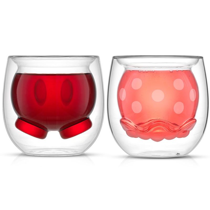 JoyJolt Mickey Pants and Minnie Skirt 3D 7.4oz Double Wall Glass Coffee Cups Set of 2, Disney Coffee Mug, Espresso and Tea Cups, Collection of Double Wall Glasses, Disney Gifts - Image 1