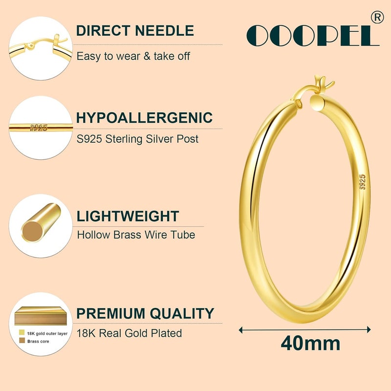 OOOPEL 4mm Thick Gold Chunky Hoop Earrings with Sterling Silver Posts for Women - Image 2