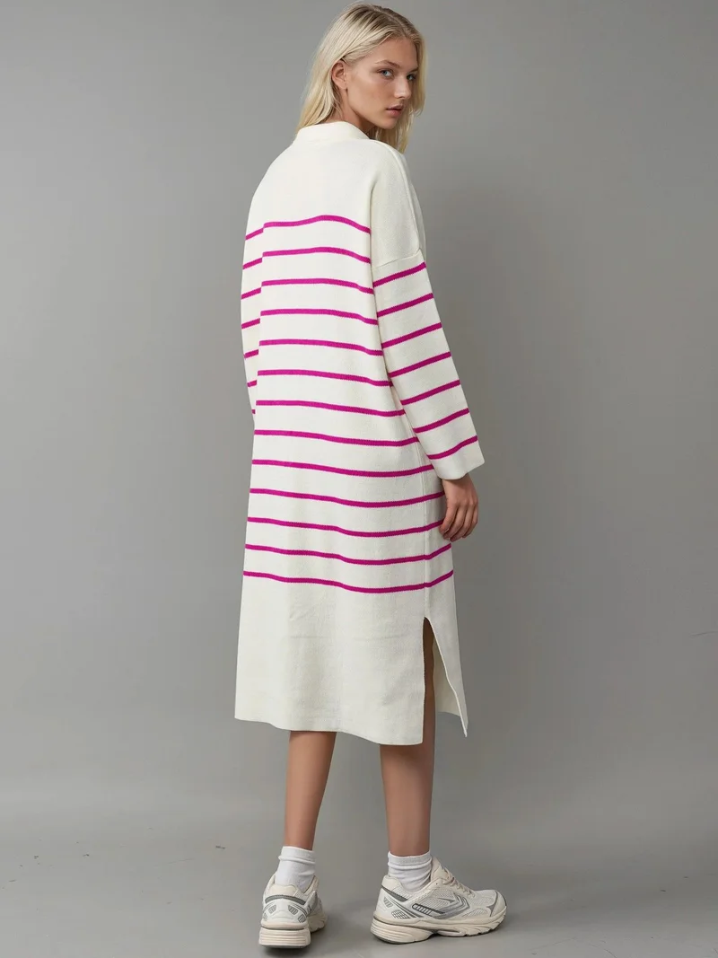 MY FASHION MY FASHION Striped V-Neck Loose Fit Midi Knit Dress with Slit
