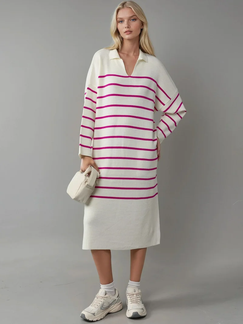 MY FASHION MY FASHION Striped V-Neck Loose Fit Midi Knit Dress with Slit