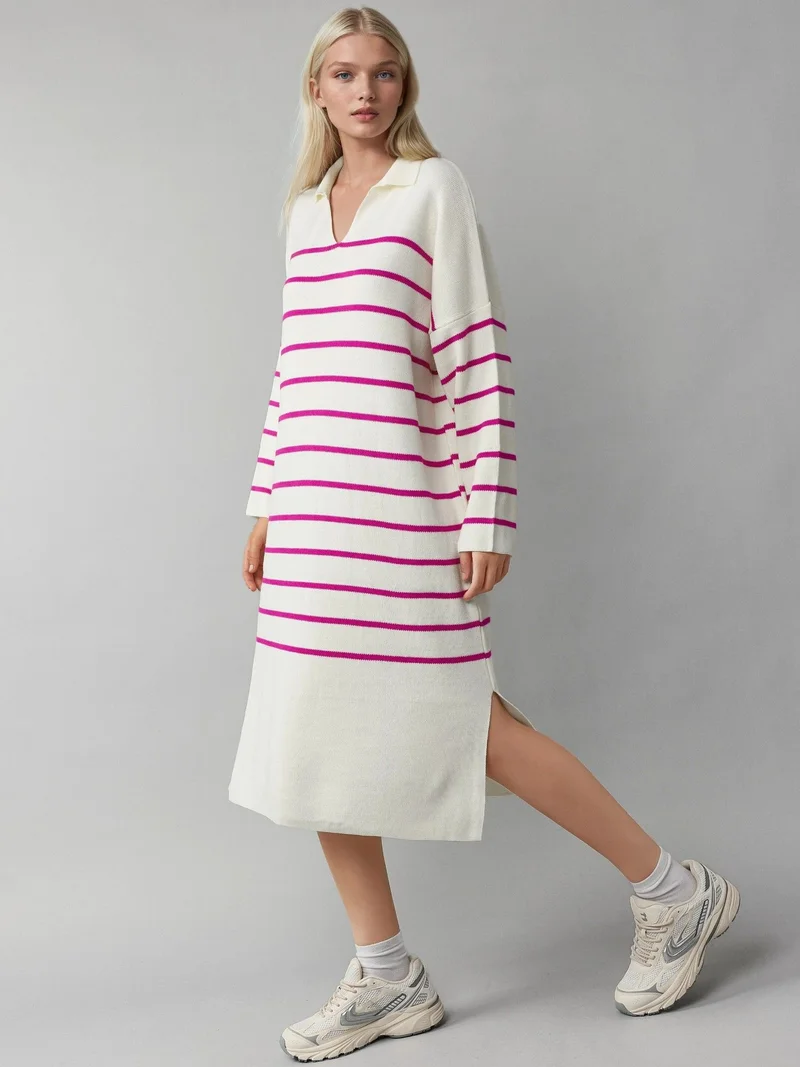 My Fashion Magenta Pink MY FASHION Striped V-Neck Loose Fit Midi Knit Dress with Slit for Women | Best Price UAE