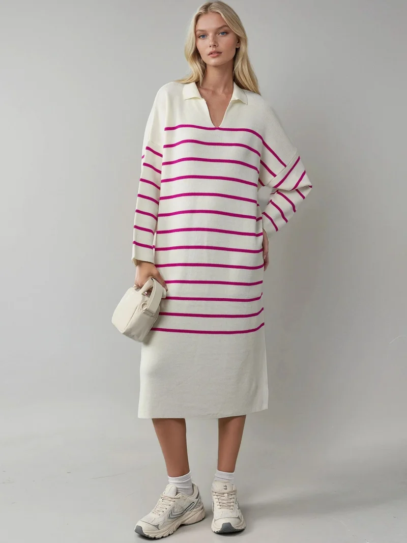 MY FASHION Striped V-Neck Loose Fit Midi Knit Dress with Slit