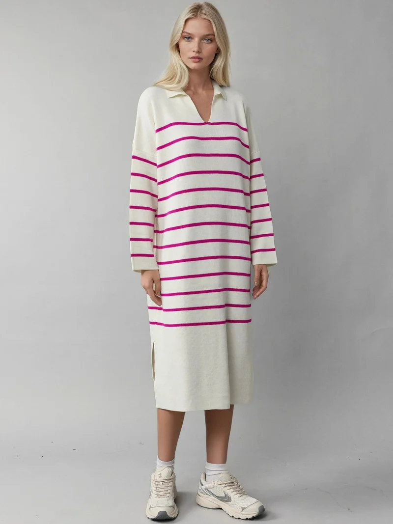 My Fashion Magenta Pink MY FASHION Striped V-Neck Loose Fit Midi Knit Dress with Slit for Women | Best Price UAE