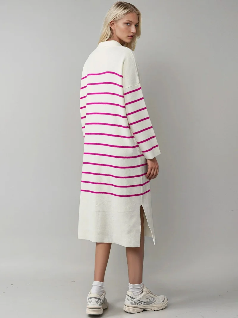 My Fashion Magenta Pink MY FASHION Striped V-Neck Loose Fit Midi Knit Dress with Slit for Women | Best Price UAE