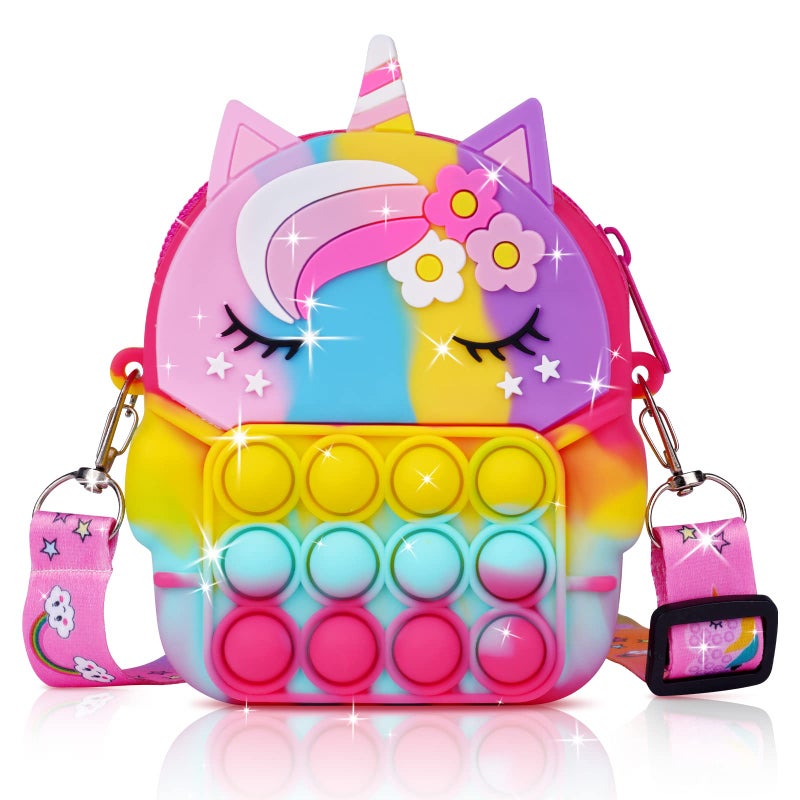 Ainiv Ainiv Crossbody Pop it Bag, 2 in 1 unicorn Fidget Shoulder Bag for Girls, Silicone Push Bubble Small Purse with Adjustable Strap Length, Relief Stress for Adult Kids (Colorful) - Image 1