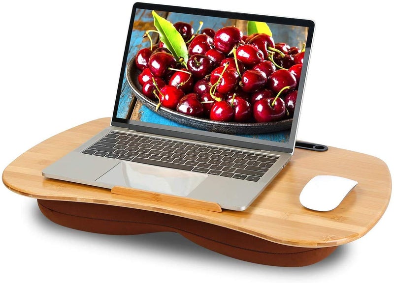 Snazzy Bamboo Wood Bamboo Lap Desk Pillow Cushioned Laptop Tray Fit Up To 17 Inch Laptop With Tablet Holder And Dual Cushion Foam For Home, Office (Beige) - Image 1