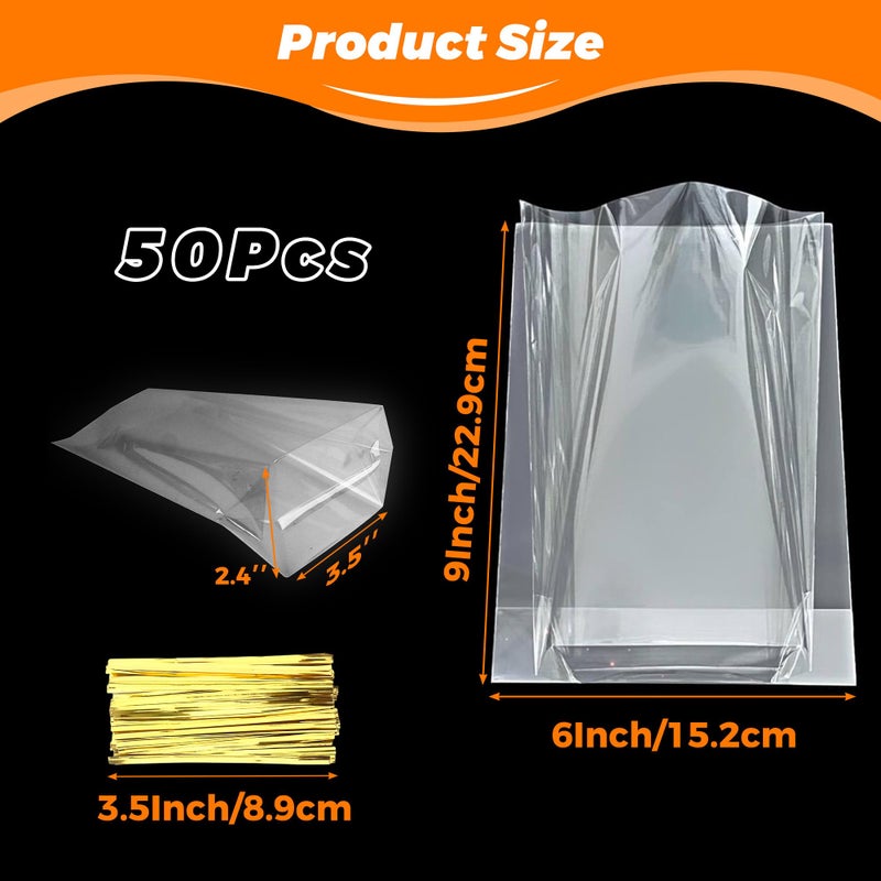 Nelisylux 8"x 11" Cellophane Bags, Flat Bottom Gusset Clear Gift Bags with Ties Party Favor Packaging Gift Mug Wrapping Plastic Cellophane Treat Bag Goodie Bag for Popcorn Candy Goodies Bread Snack, 50Pcs - Image 2