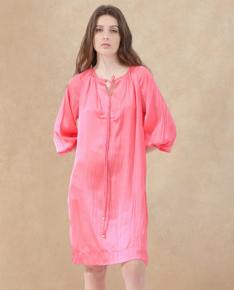 Rareism Women's Plain Mini Dress With Tie Neck