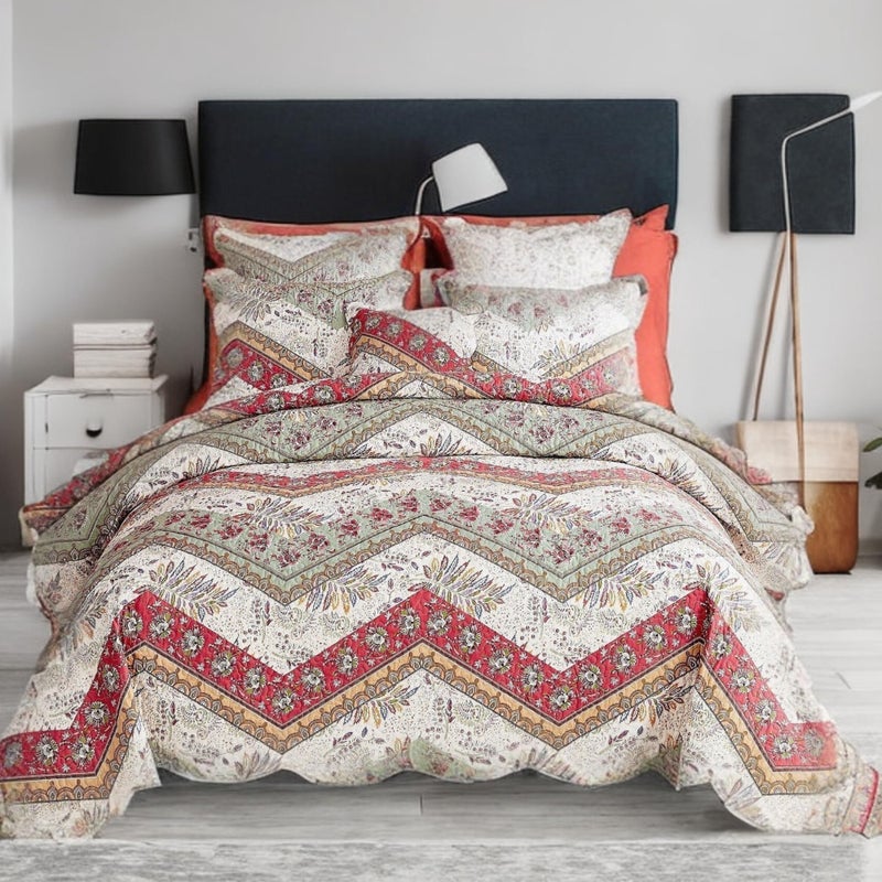 DaDa Bedding Bohemian Quilted Floral Bedspread Set  Rustic Cranberry Red Sage Green Chevron Paisley Filigree Lightweight Coverlet  Scalloped Edges Colorful Orange  Ivory White  King  3Pieces