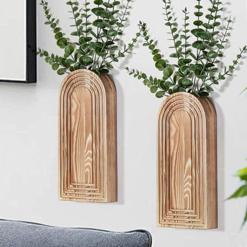 Dnnnii 2 Pack Wooden Wall Vase Set - Brown Finish Modern Farmhouse & Boho Wall Decor for Entryway, Hallway, Bathroom, Living Room, Dining Room, Narrow Spaces - Image 1