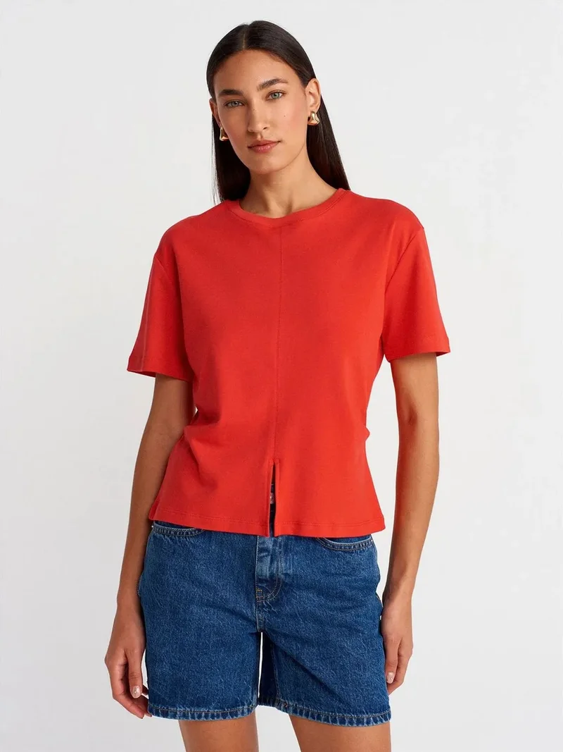 ديلفين Dilvin Women's Cotton Crew Neck T-Shirt With Slit