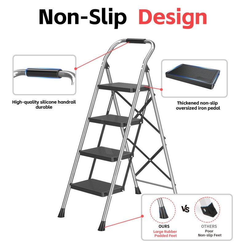DIAMONDFORGE Step Ladder Foldable Folding Stool - for Home Adults Kitchen 4 Stepping Extension Tall Heavy Duty with Handrails - Closet Stepstool Stair Ladders Extendable Stepladder for Indoor House 600Lbs - Image 4