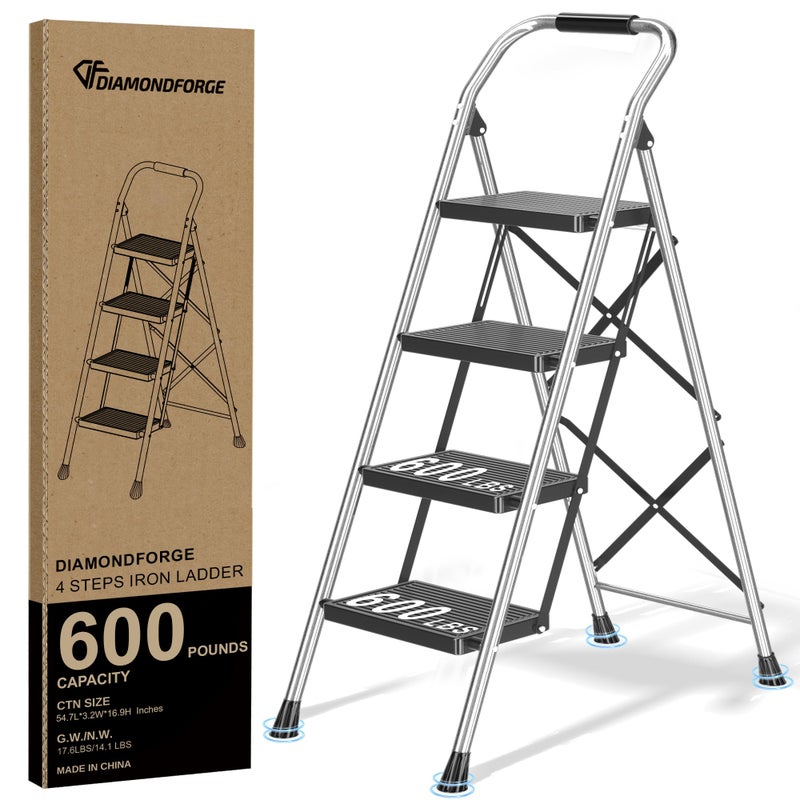 DIAMONDFORGE Step Ladder Foldable Folding Stool - for Home Adults Kitchen 4 Stepping Extension Tall Heavy Duty with Handrails - Closet Stepstool Stair Ladders Extendable Stepladder for Indoor House 600Lbs - Image 1