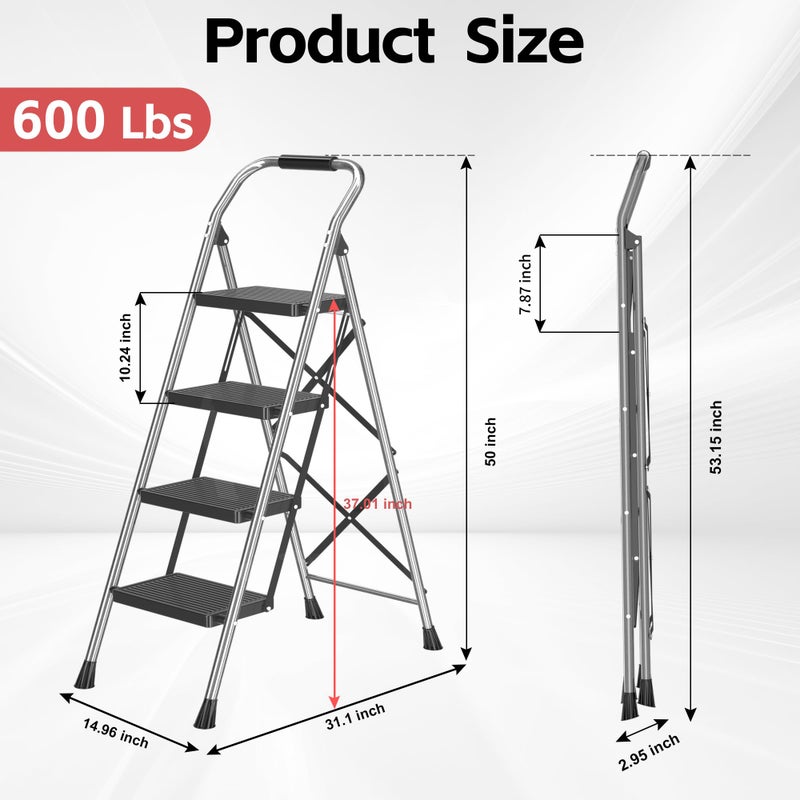DIAMONDFORGE Step Ladder Foldable Folding Stool - for Home Adults Kitchen 4 Stepping Extension Tall Heavy Duty with Handrails - Closet Stepstool Stair Ladders Extendable Stepladder for Indoor House 600Lbs - Image 2