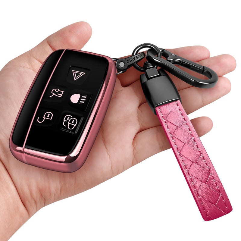 Sindeda for Land Rover Key Fob Cover with Keychain Soft Full Protection Key Shell Key Case Compatible with Land Rover LR4 Range Rover Sport Evoque Jaguar XF XJ XJL Fpace Pink