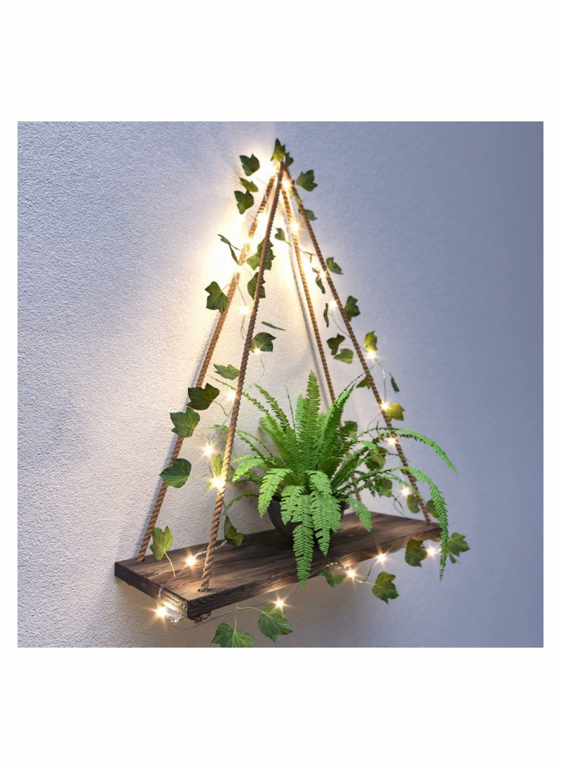 Generic - Artificial Ivy LED-Strip Wall Hanging Shelves Set of 2, Hanging Plant Shelf, Wall Hanging Shelf for Bedroom Bathroom Living Room Kitchen, Wood Hanging Plant Shelves for Wall Décor - Image 1