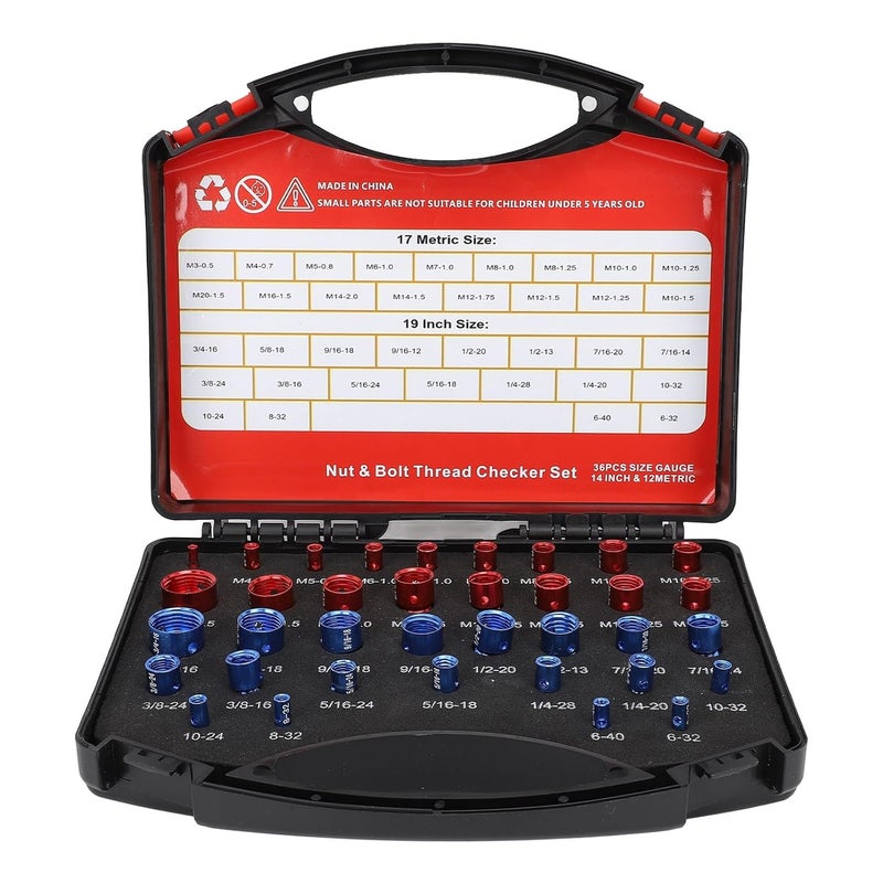 Nut Bolt Thread Checker Box, Imperial Metric Thread Gauge Set, High Accuracy Aluminum Thread Identifier for Checking Threaded Holes and Fixed Bolts, Individually Assembled (36pc Set) - Image 1