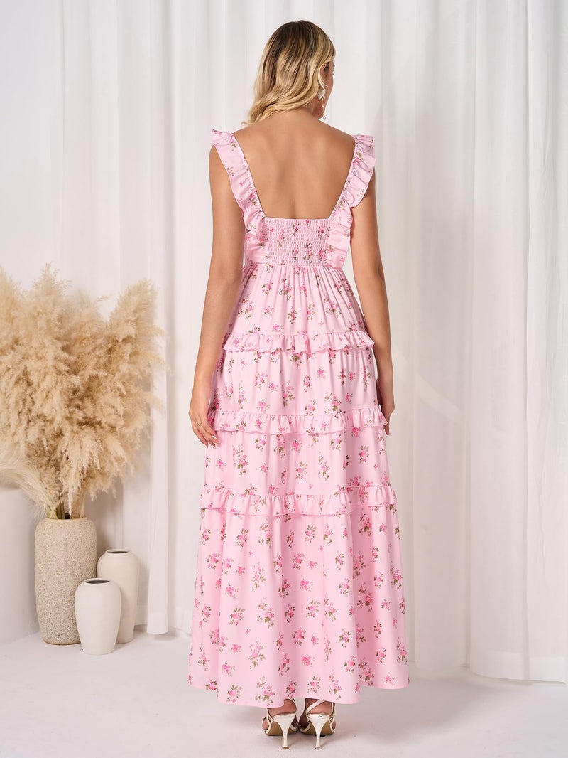 EYNMIN Women's Summer Floral Boho Maxi Dress Tiered Ruffle Smocked Long Flowy Beach Wedding Guest Dresses Casual Sundress - Image 4