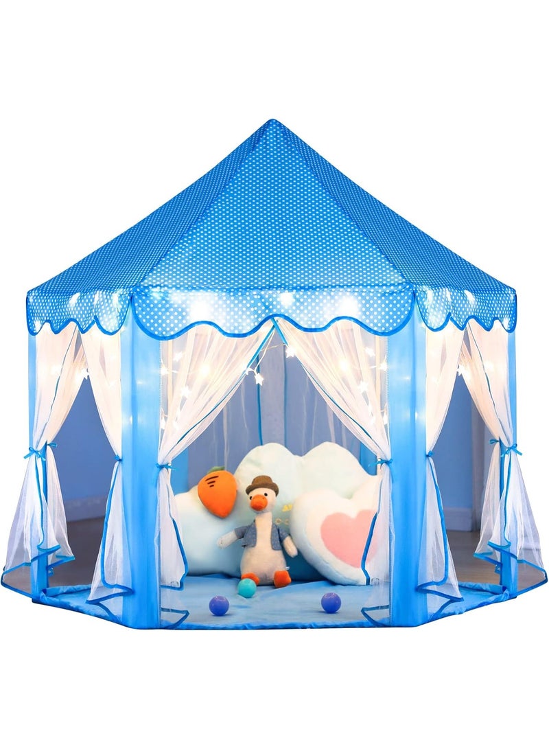 DubaiGallery Children Princess Style Play Tent Cozy Blue Castle with Net Curtains Star String Lights Floor Pad Perfect for Reading Games Sleeping Pretend Adventures Indoors Bedroom Playroom Toddler Gift Fun Time - Image 1