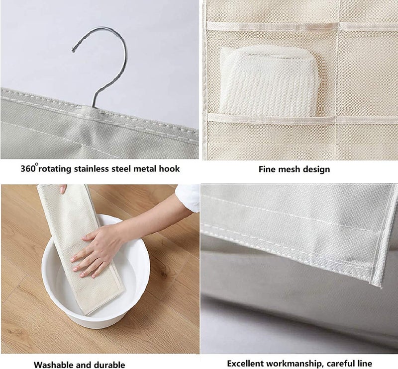 VYNTRIX VYNTRIX Pack of 2 Closet Hanging Organizer with Mesh 30 Pockets Rotating Metal HangerDual Sided Wall Shelf Wardrobe Storage BagsOxford Cloth Space Saver Bag for Bra Underpants Socks Beige  - Image 4