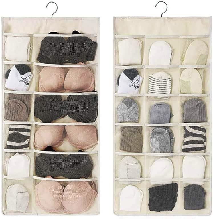 VYNTRIX VYNTRIX Pack of 2 Closet Hanging Organizer with Mesh 30 Pockets Rotating Metal HangerDual Sided Wall Shelf Wardrobe Storage BagsOxford Cloth Space Saver Bag for Bra Underpants Socks Beige  - Image 1