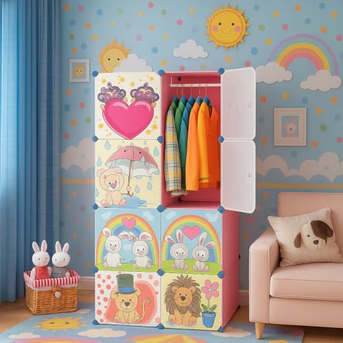 LUHI Plastic Wardrobe for Kids Clothes – Durable, Easy to Use Anti-Skid & Non-Slip Effective Professional Collapsible Wardrobe, Plastic Cupboard for Kids, Foldable Almirah (Pink-HH, 8-Door) - Image 1
