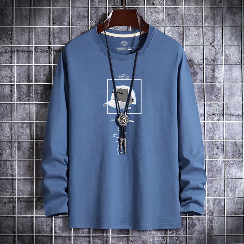 New Men's Long-Sleeved T-Shirt Printed Round Neck Slim-Fit Korean Base Shirt Young and Middle-aged Thin Autumn Fashionable Autumn T-Shirt - Image 1