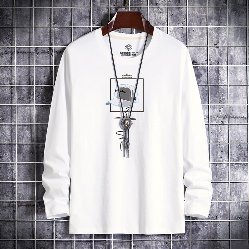 New Men's Long-Sleeved T-Shirt Printed Round Neck Slim-Fit Korean Base Shirt Young and Middle-aged Thin Autumn Fashionable Autumn T-Shirt - Image 2