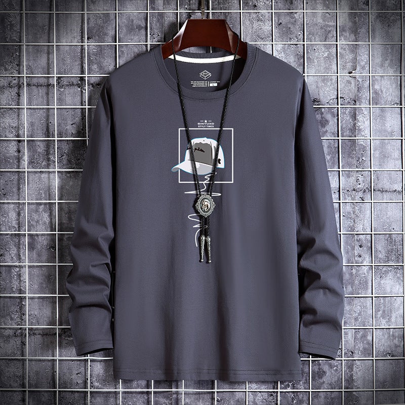 New Men's Long-Sleeved T-Shirt Printed Round Neck Slim-Fit Korean Base Shirt Young and Middle-aged Thin Autumn Fashionable Autumn T-Shirt - Image 5