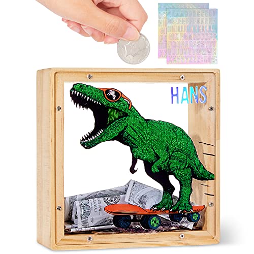 ICOSY Wooden Piggy Bank for Kids Boys Girls, DIY Name Coin Bank Unicorn Dinosaur Money Bank with Letter Stickers - Image 1