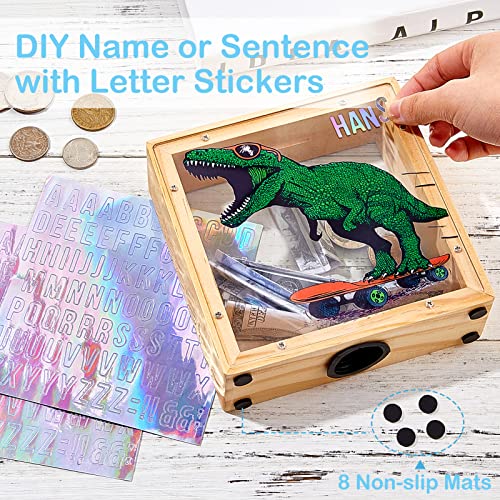 ICOSY Wooden Piggy Bank for Kids Boys Girls, DIY Name Coin Bank Unicorn Dinosaur Money Bank with Letter Stickers - Image 2