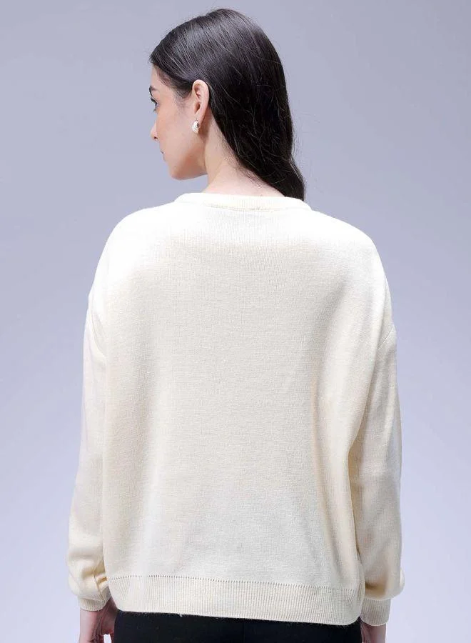 مرفوعة Women Loose Fit Placement Embroidery Oversized Sweater