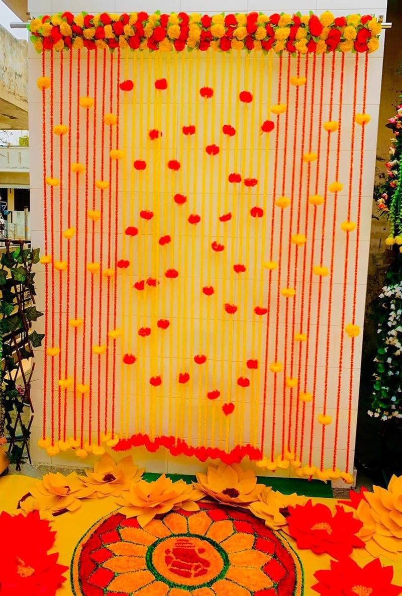 Craftomanic Decorative Marigold Feather Yarn Panel Backdrop for Mehndi Haldi Wedding Party DcorBackdrops Indian Dcor for Pooja Wedding Christmas Events Decorations Red