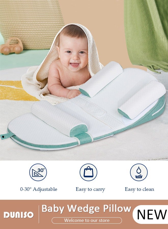 DUNISO وسادة مائلة للأطفال، وسائد سرير الأطفال، وسادة مريحة مضادة للتقيؤ، تمنع القيء والرأس المسطح، قابلة للتعديل بارتفاع 0-30° تخفف من القيء والحليب، المغص المعوي، عش نوم الأطفال مع حواجز جانبية - Image 1