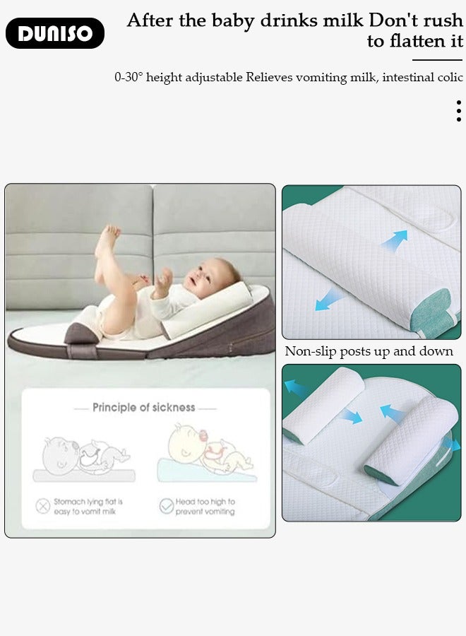 DUNISO وسادة مائلة للأطفال، وسائد سرير الأطفال، وسادة مريحة مضادة للتقيؤ، تمنع القيء والرأس المسطح، قابلة للتعديل بارتفاع 0-30° تخفف من القيء والحليب، المغص المعوي، عش نوم الأطفال مع حواجز جانبية - Image 2