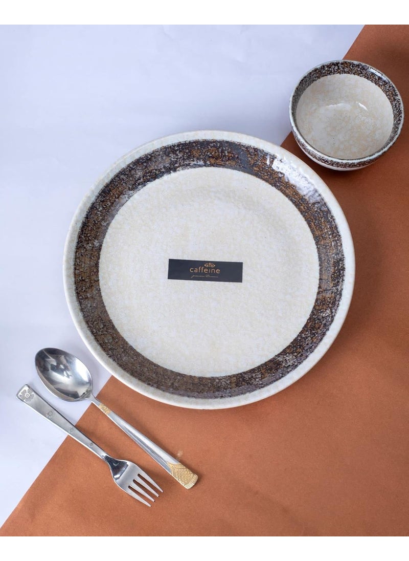 Caffeine Caffeine Ceramic Handmade White Matte & Black Patta Combo Dinner Set of 4 (2 Dinner Plate, 2 Katori Bowl)  - Image 1