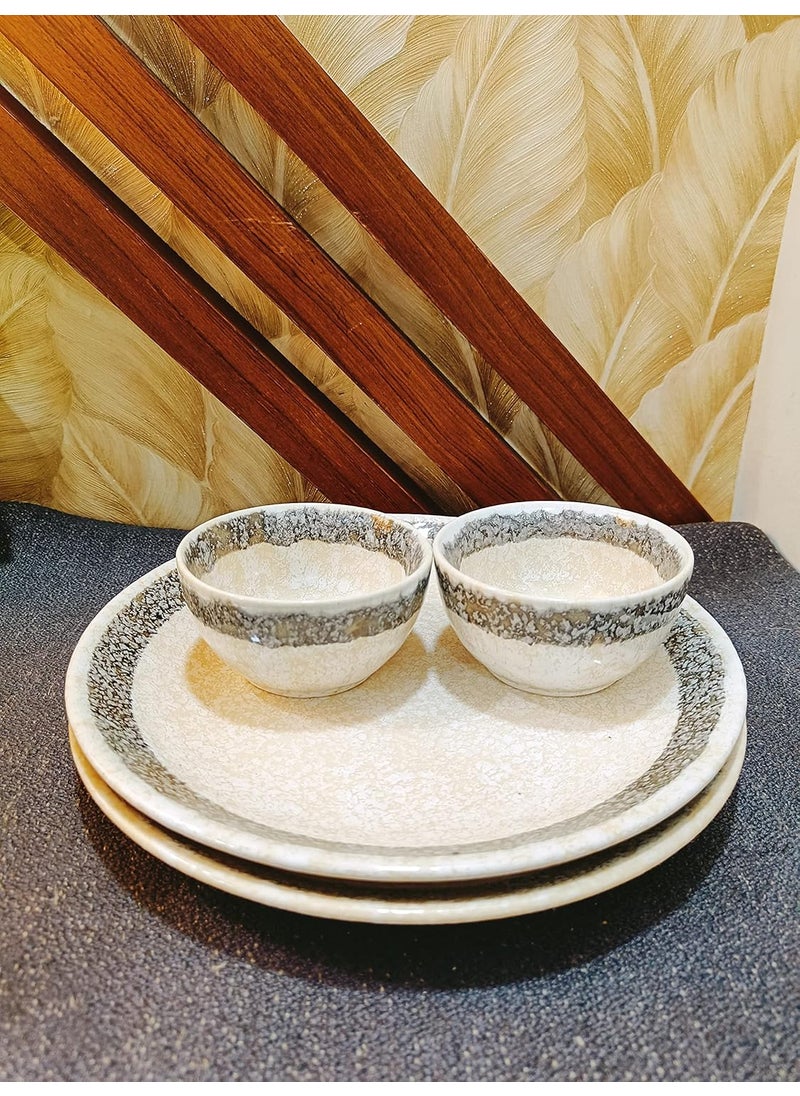 Caffeine Caffeine Ceramic Handmade White Matte & Black Patta Combo Dinner Set of 4 (2 Dinner Plate, 2 Katori Bowl)  - Image 3