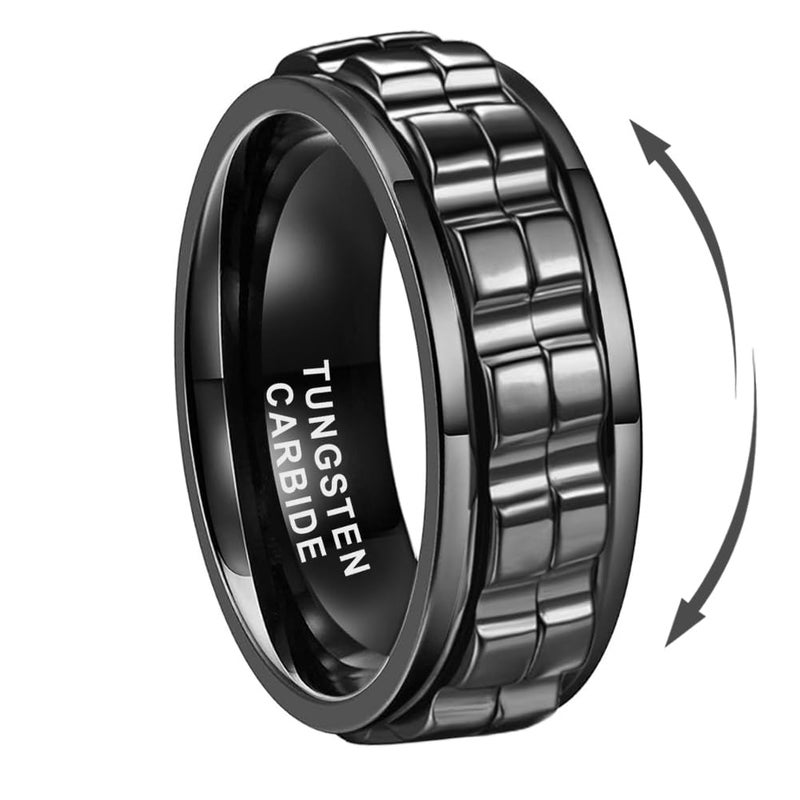 TUTISS 8mm Black Tungsten Titanium Spinner Rings for Men Women Anxiety Released Promise Engagement Wedding Bands Stepped Polished Shiny Comfort Fit Size 9.5 - Image 1