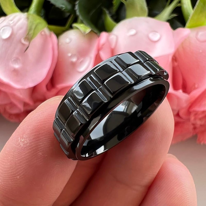 TUTISS 8mm Black Tungsten Titanium Spinner Rings for Men Women Anxiety Released Promise Engagement Wedding Bands Stepped Polished Shiny Comfort Fit Size 9.5 - Image 4
