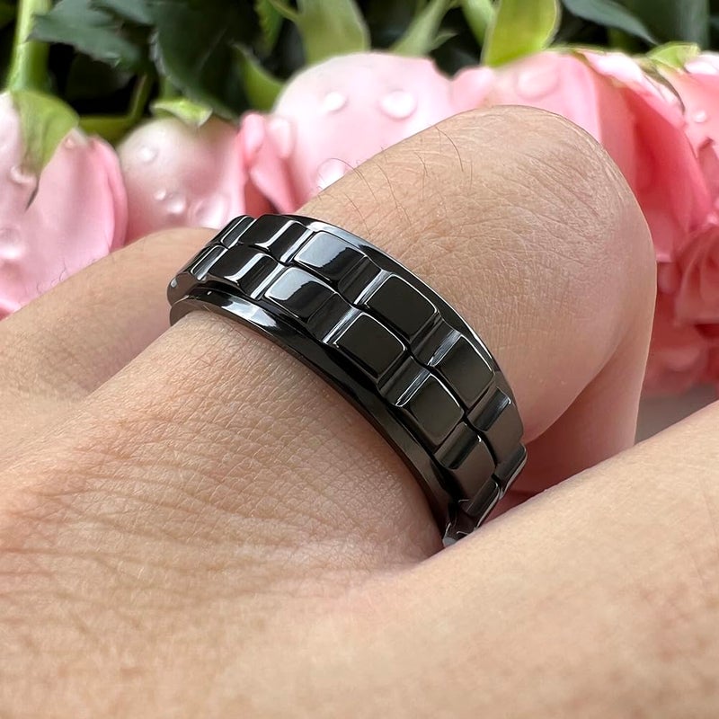 TUTISS 8mm Black Tungsten Titanium Spinner Rings for Men Women Anxiety Released Promise Engagement Wedding Bands Stepped Polished Shiny Comfort Fit Size 9.5 - Image 5
