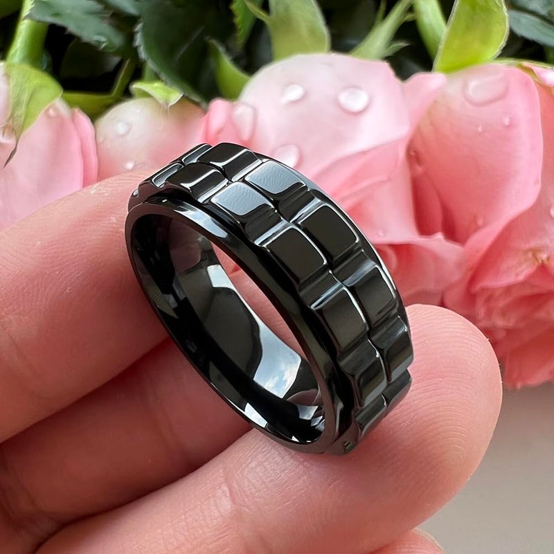 TUTISS 8mm Black Tungsten Titanium Spinner Rings for Men Women Anxiety Released Promise Engagement Wedding Bands Stepped Polished Shiny Comfort Fit Size 9.5 - Image 2