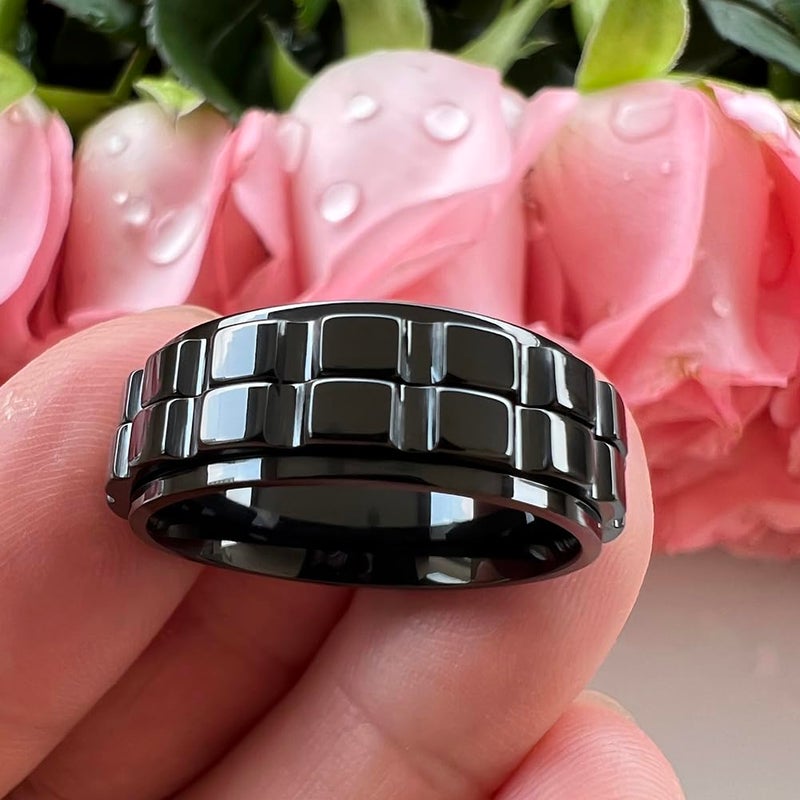 TUTISS 8mm Black Tungsten Titanium Spinner Rings for Men Women Anxiety Released Promise Engagement Wedding Bands Stepped Polished Shiny Comfort Fit Size 9.5 - Image 3