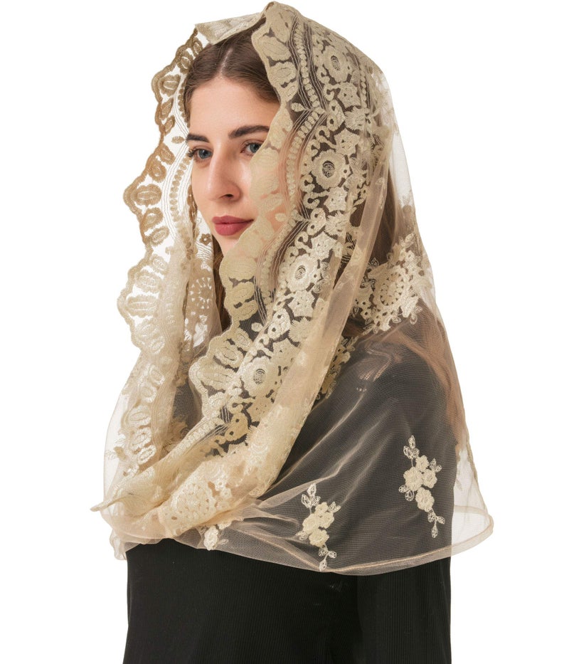 PAMOR Gold Embroidered Traditional Vintage Inspired Infinity Veil Mantilla Veils Mass Head Covering - Image 4