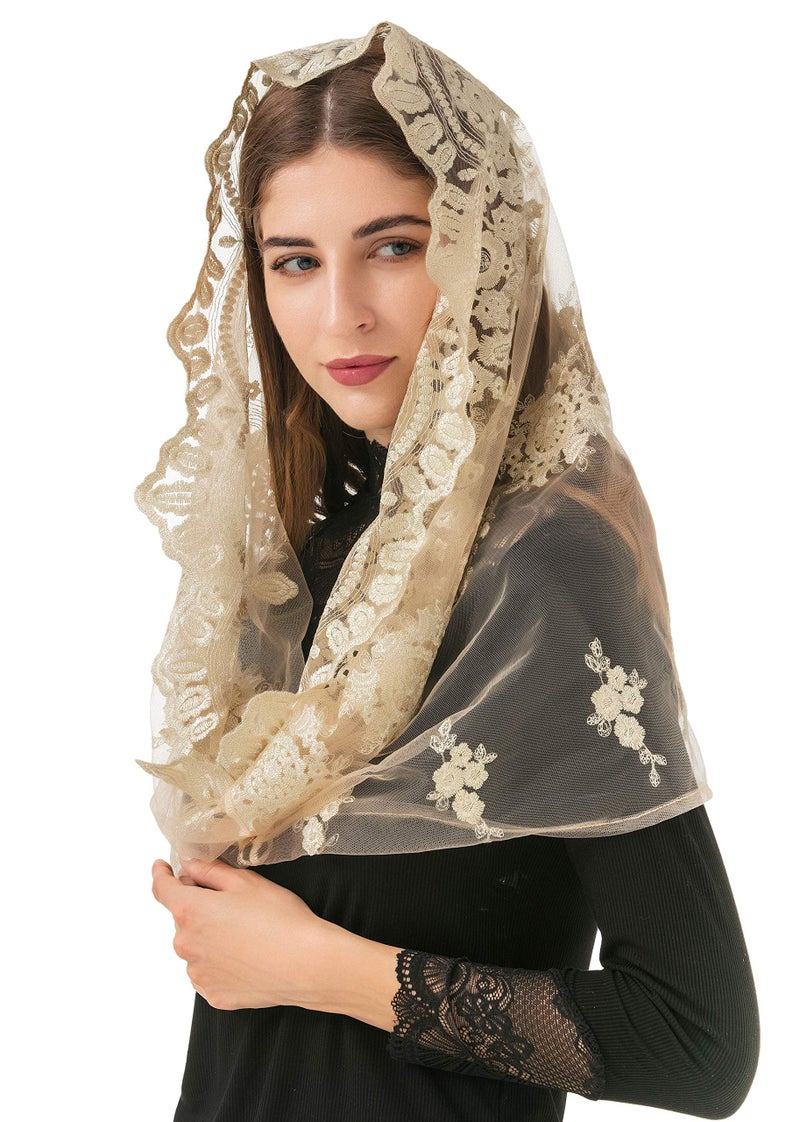 PAMOR Gold Embroidered Traditional Vintage Inspired Infinity Veil Mantilla Veils Mass Head Covering - Image 3