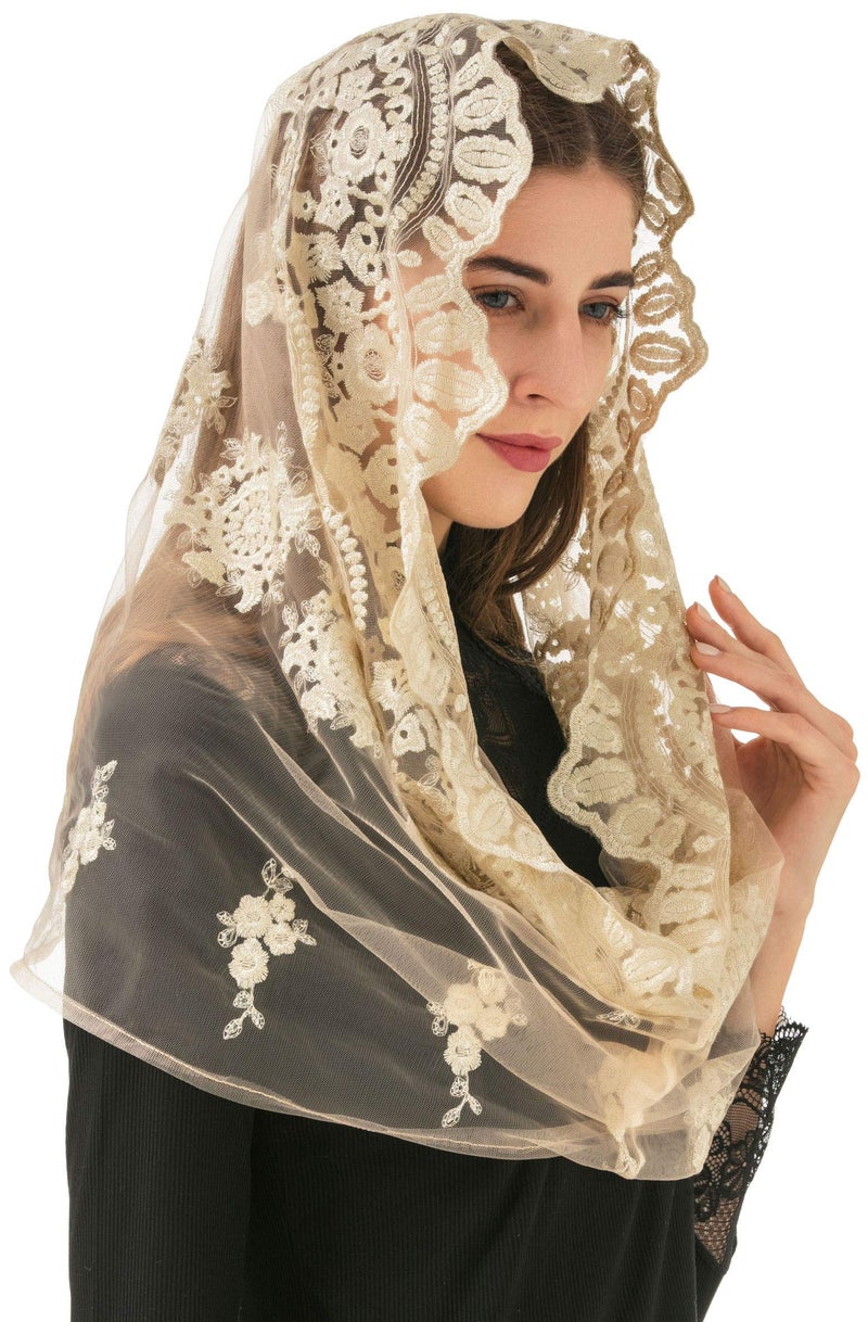PAMOR Gold Embroidered Traditional Vintage Inspired Infinity Veil Mantilla Veils Mass Head Covering - Image 1