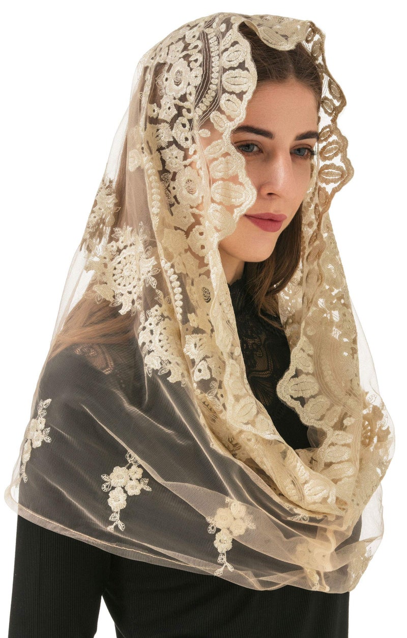 PAMOR Gold Embroidered Traditional Vintage Inspired Infinity Veil Mantilla Veils Mass Head Covering - Image 5